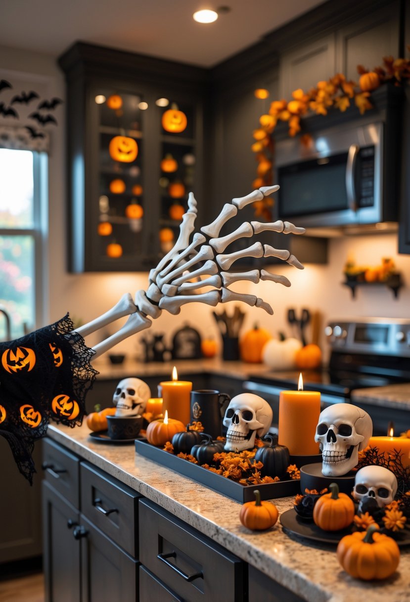 32 Halloween Kitchen Decor Ideas 2025: Creative Ways to Transform Your Cooking Space 12 A skeleton hand displaying various Halloween kitchen decorations including pumpkins, candles, and themed utensils arranged in a modern kitchen.