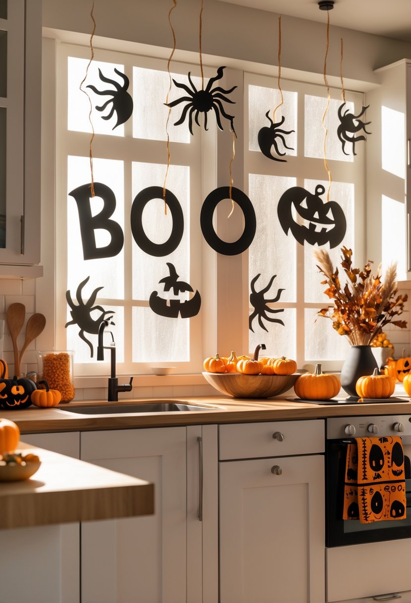 32 Halloween Kitchen Decor Ideas 2025: Creative Ways to Transform Your Cooking Space 13 A kitchen decorated for Halloween with warm light casting spooky 'boo' shaped shadows on the walls and seasonal autumn decorations on the countertops.