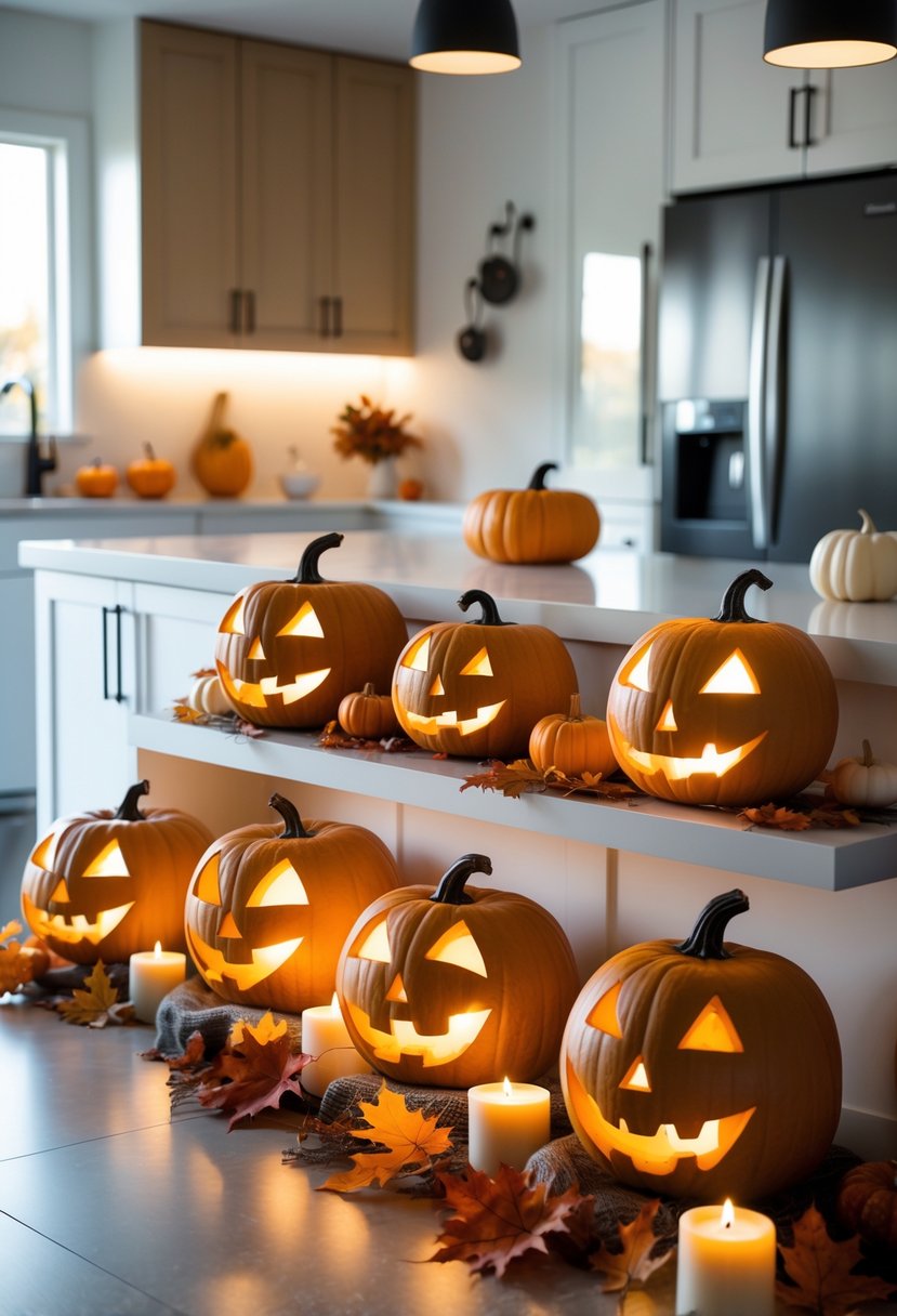 32 Halloween Kitchen Decor Ideas 2025: Creative Ways to Transform Your Cooking Space 14 Kitchen island with several carved glowing jack-o-lanterns and autumn decorations in a modern kitchen.