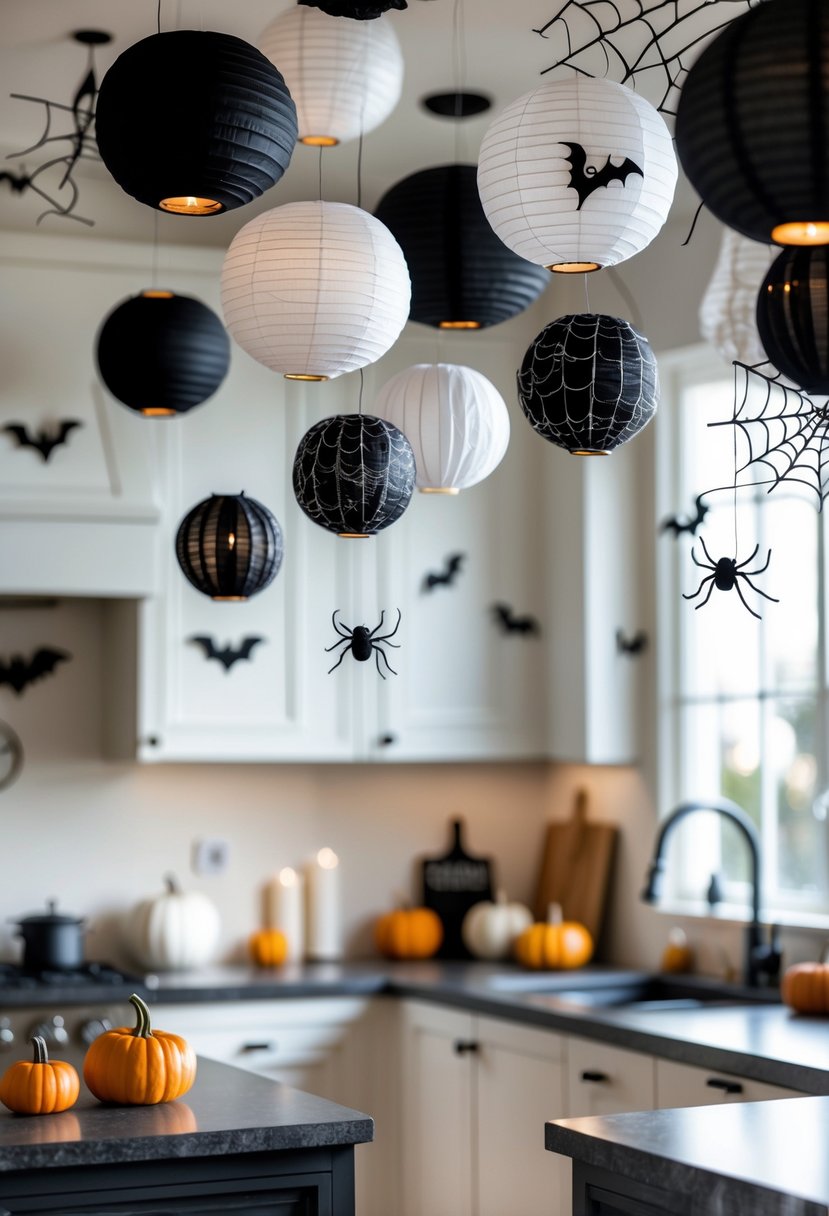 32 Halloween Kitchen Decor Ideas 2025: Creative Ways to Transform Your Cooking Space 15 A kitchen decorated for Halloween with black and white paper lanterns hanging from the ceiling and various Halloween decorations on the countertops.