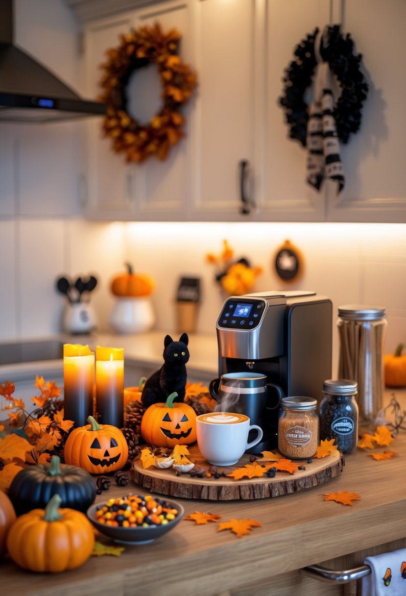 32 Halloween Kitchen Decor Ideas 2025: Creative Ways to Transform Your Cooking Space 16 A kitchen coffee bar decorated with pumpkins, candles, autumn leaves, and Halloween figurines, featuring a coffee machine and a steaming cup of coffee.