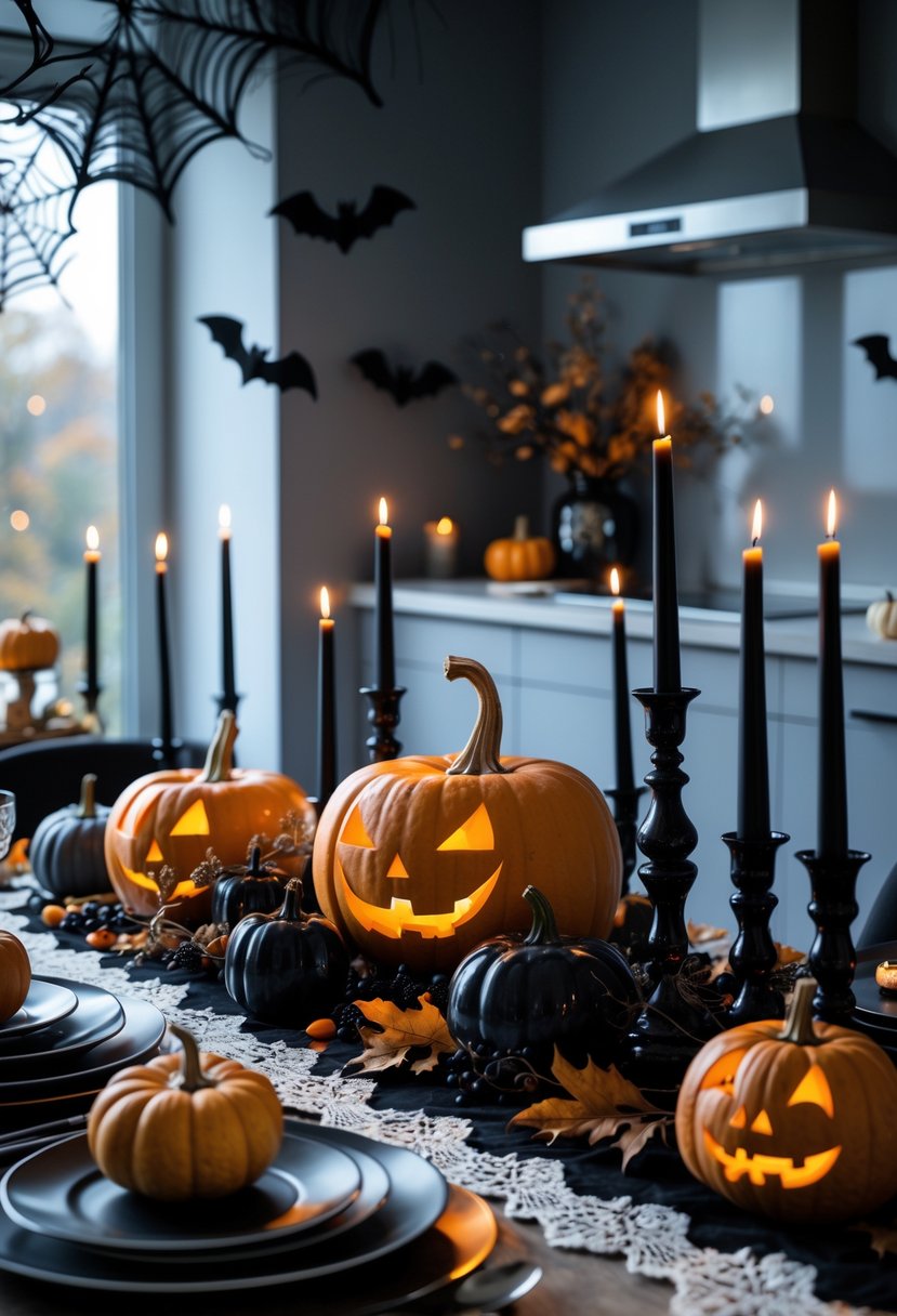32 Halloween Kitchen Decor Ideas 2025: Creative Ways to Transform Your Cooking Space 17 A Halloween-themed dining table decorated with pumpkins, candles, dried leaves, and autumnal accents in a modern kitchen.