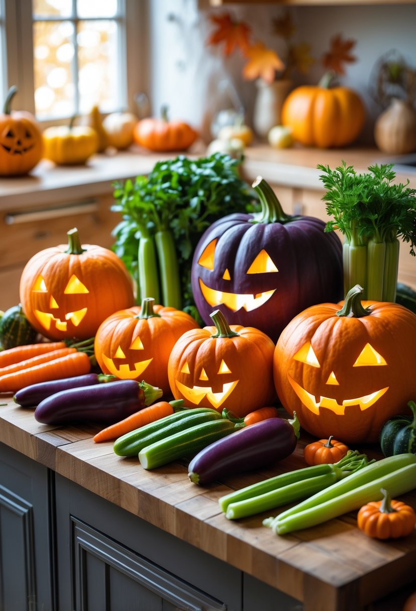 32 Halloween Kitchen Decor Ideas 2025: Creative Ways to Transform Your Cooking Space 18 An arrangement of fresh raw vegetables carved and arranged into Halloween shapes on a kitchen countertop with autumn decorations in the background.