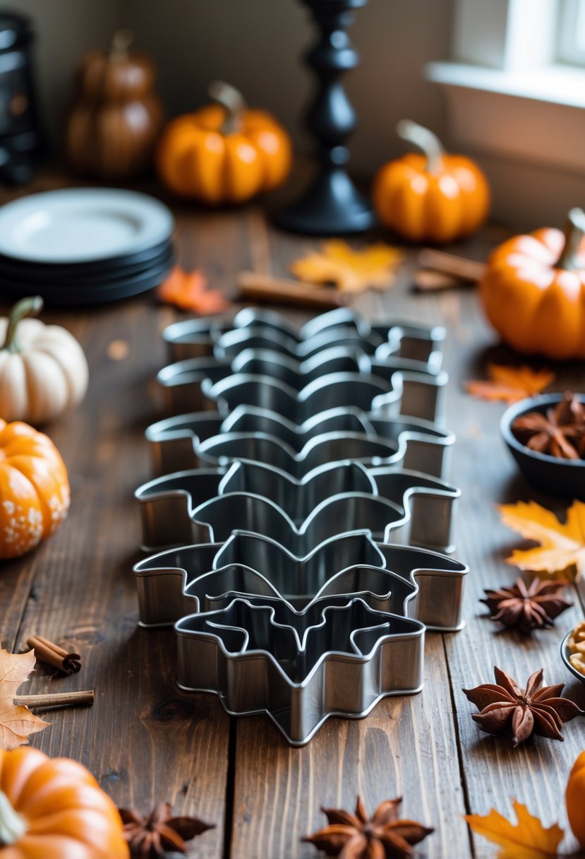 32 Halloween Kitchen Decor Ideas 2025: Creative Ways to Transform Your Cooking Space 20 Bat-shaped cookie cutters on a wooden kitchen table surrounded by Halloween baking decorations including pumpkins, cinnamon sticks, and autumn leaves.