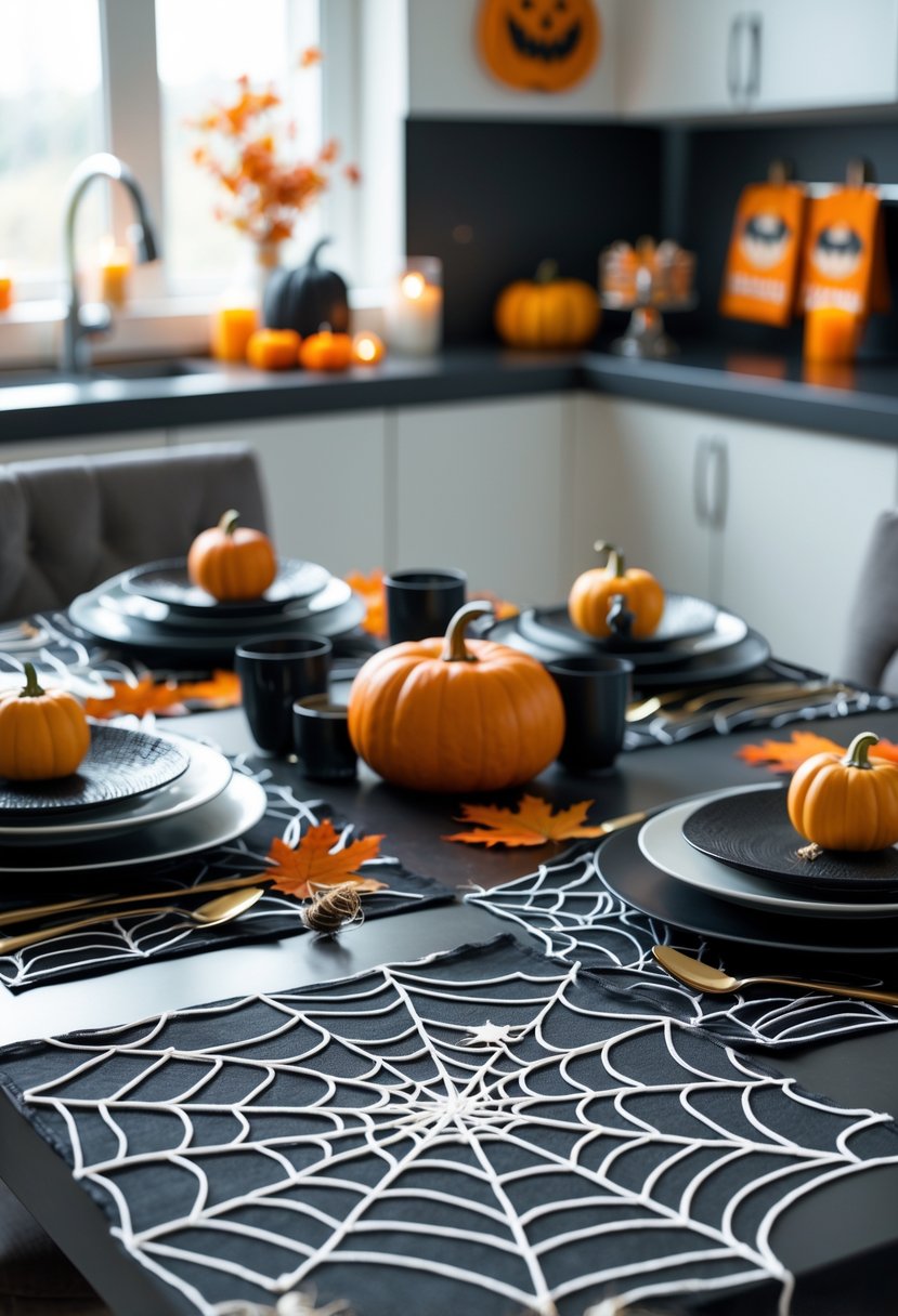 32 Halloween Kitchen Decor Ideas 2025: Creative Ways to Transform Your Cooking Space 21 A kitchen table set with spider web placemats, black and orange dishes, small pumpkins, and autumn leaves in a Halloween-themed arrangement.