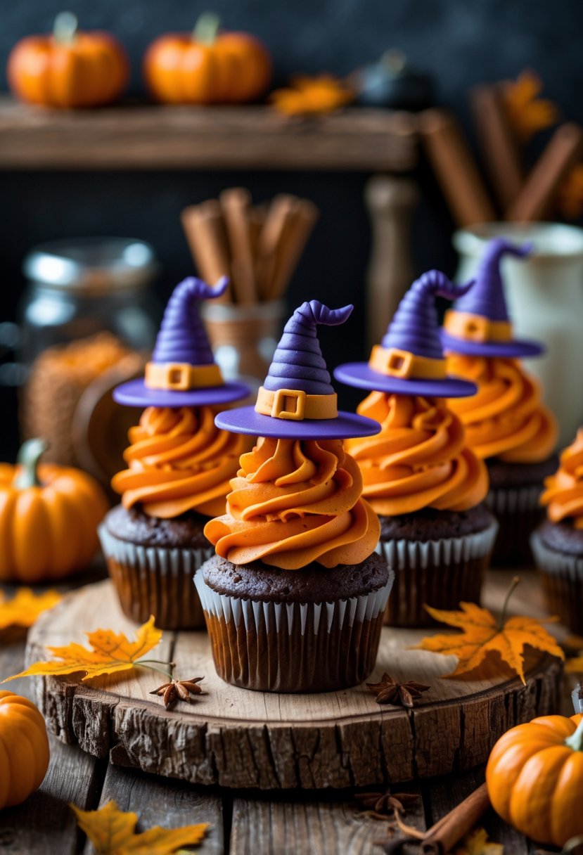 32 Halloween Kitchen Decor Ideas 2025: Creative Ways to Transform Your Cooking Space 22 Cupcakes decorated with witch hat toppers on a wooden table surrounded by Halloween kitchen decorations like pumpkins and autumn leaves.