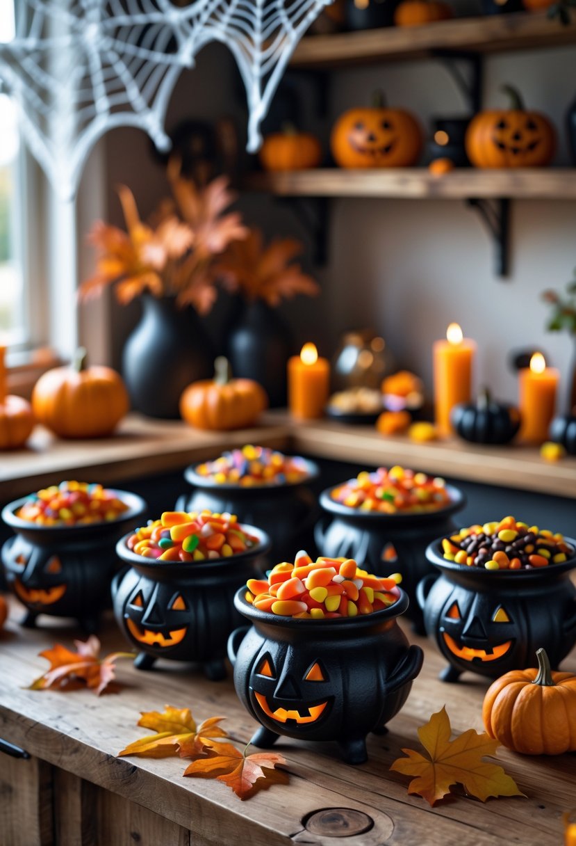32 Halloween Kitchen Decor Ideas 2025: Creative Ways to Transform Your Cooking Space 23 Mini black cauldrons filled with Halloween candies arranged on a kitchen counter decorated with pumpkins and autumn leaves.