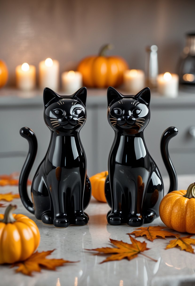 32 Halloween Kitchen Decor Ideas 2025: Creative Ways to Transform Your Cooking Space 24 Pair of black cat salt and pepper shakers on a kitchen counter with Halloween decorations including pumpkins and autumn leaves.