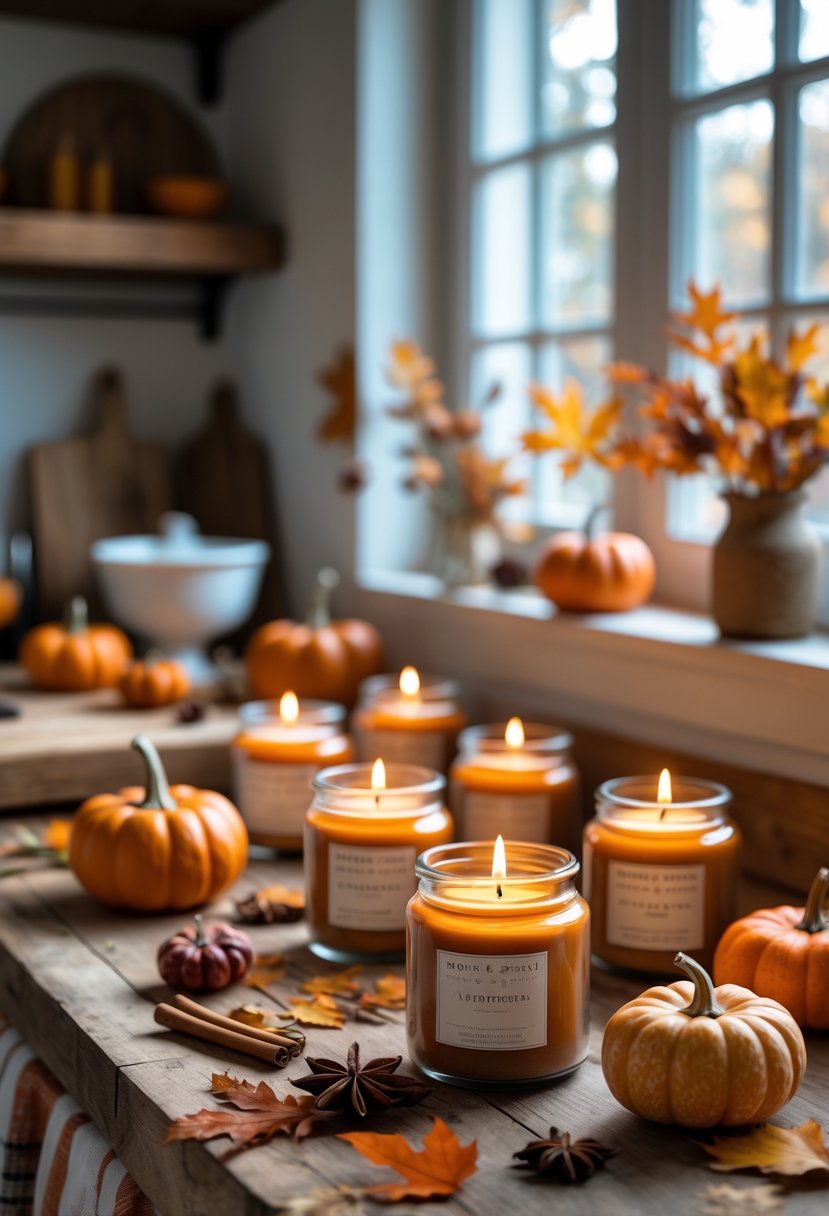 32 Halloween Kitchen Decor Ideas 2025: Creative Ways to Transform Your Cooking Space 25 Pumpkin spice candle jars arranged on a kitchen countertop with pumpkins, dried leaves, and cinnamon sticks around them.