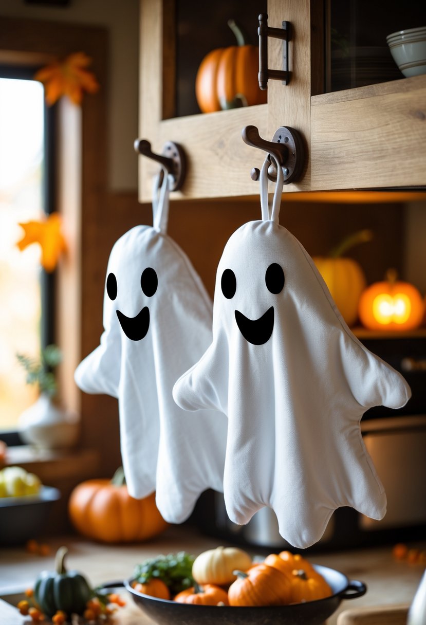 32 Halloween Kitchen Decor Ideas 2025: Creative Ways to Transform Your Cooking Space 26 A pair of ghost-shaped oven mitts hanging in a kitchen decorated with pumpkins and autumn leaves.