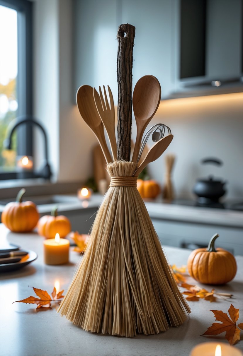 32 Halloween Kitchen Decor Ideas 2025: Creative Ways to Transform Your Cooking Space 27 A kitchen countertop with a witch broom utensil holder holding kitchen tools, surrounded by small pumpkins and autumn decorations.