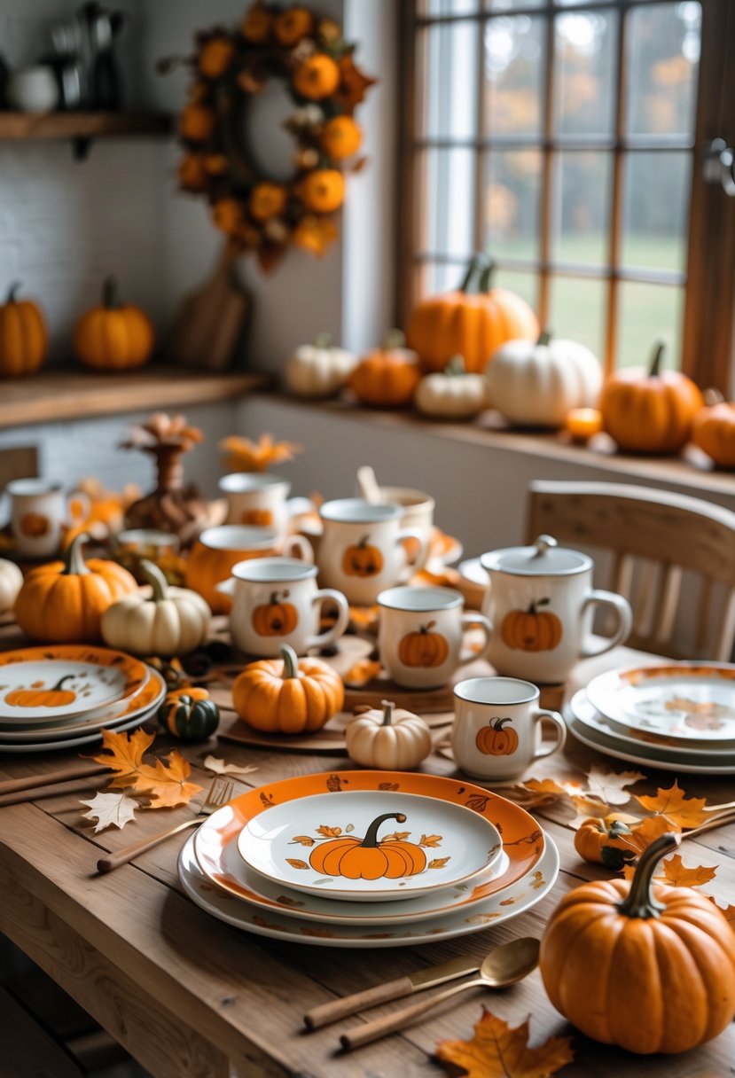 32 Halloween Kitchen Decor Ideas 2025: Creative Ways to Transform Your Cooking Space 28 A kitchen table set with pumpkin-themed plates, bowls, and mugs surrounded by small pumpkins and autumn decorations.