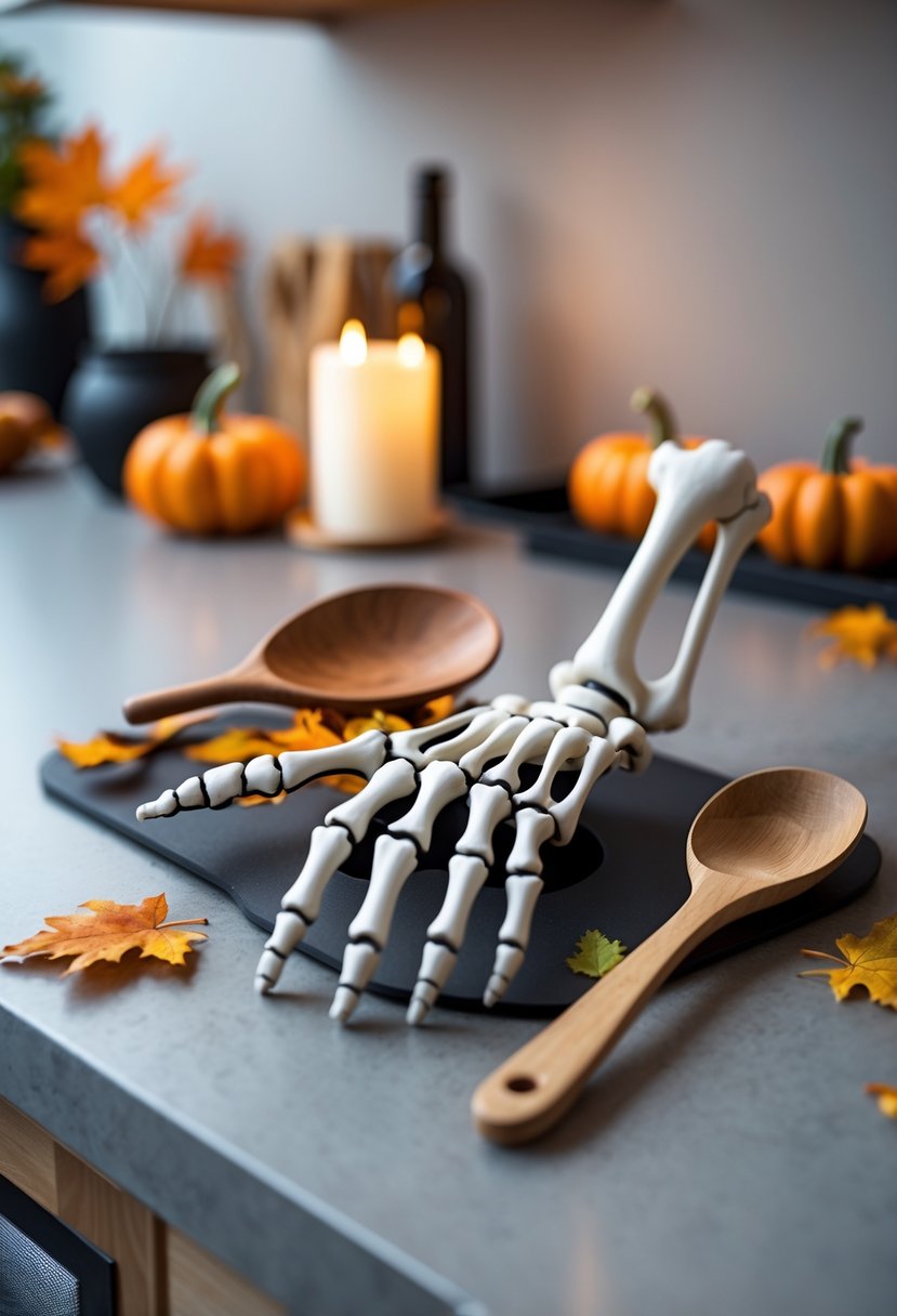 32 Halloween Kitchen Decor Ideas 2025: Creative Ways to Transform Your Cooking Space 29 A skeleton hand utensil rest holding kitchen utensils on a countertop surrounded by small pumpkins and autumn leaves.