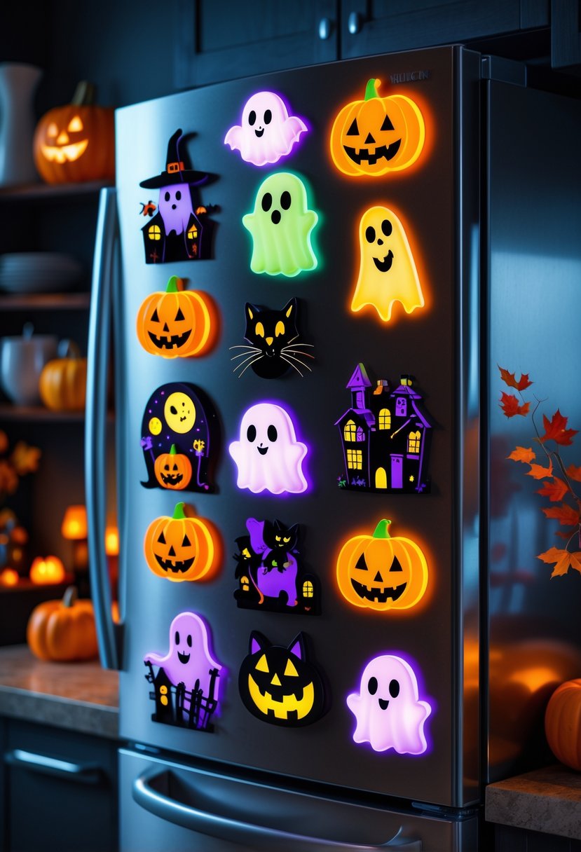 32 Halloween Kitchen Decor Ideas 2025: Creative Ways to Transform Your Cooking Space 30 A kitchen refrigerator covered with glowing Halloween magnets shaped like pumpkins, ghosts, bats, and witches in a dimly lit kitchen.