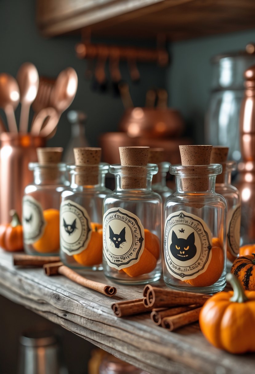 32 Halloween Kitchen Decor Ideas 2025: Creative Ways to Transform Your Cooking Space 31 Glass jars with Halloween-themed potion labels arranged on a kitchen shelf surrounded by autumn decorations like pumpkins and dried orange slices.