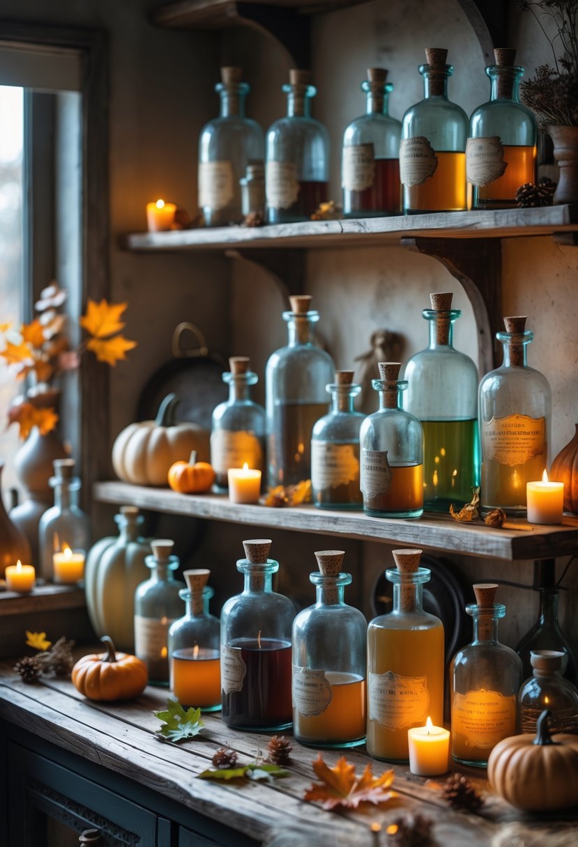 32 Halloween Kitchen Decor Ideas 2025: Creative Ways to Transform Your Cooking Space 32 A collection of vintage apothecary bottles displayed on wooden shelves with pumpkins, dried herbs, and candles in a kitchen setting decorated for Halloween.