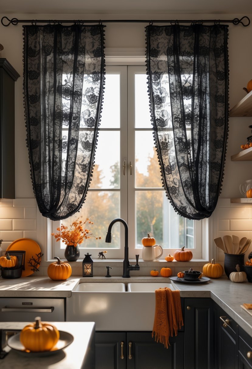 32 Halloween Kitchen Decor Ideas 2025: Creative Ways to Transform Your Cooking Space 33 A modern kitchen with black lace curtains and Halloween decorations including pumpkins and autumn accents.