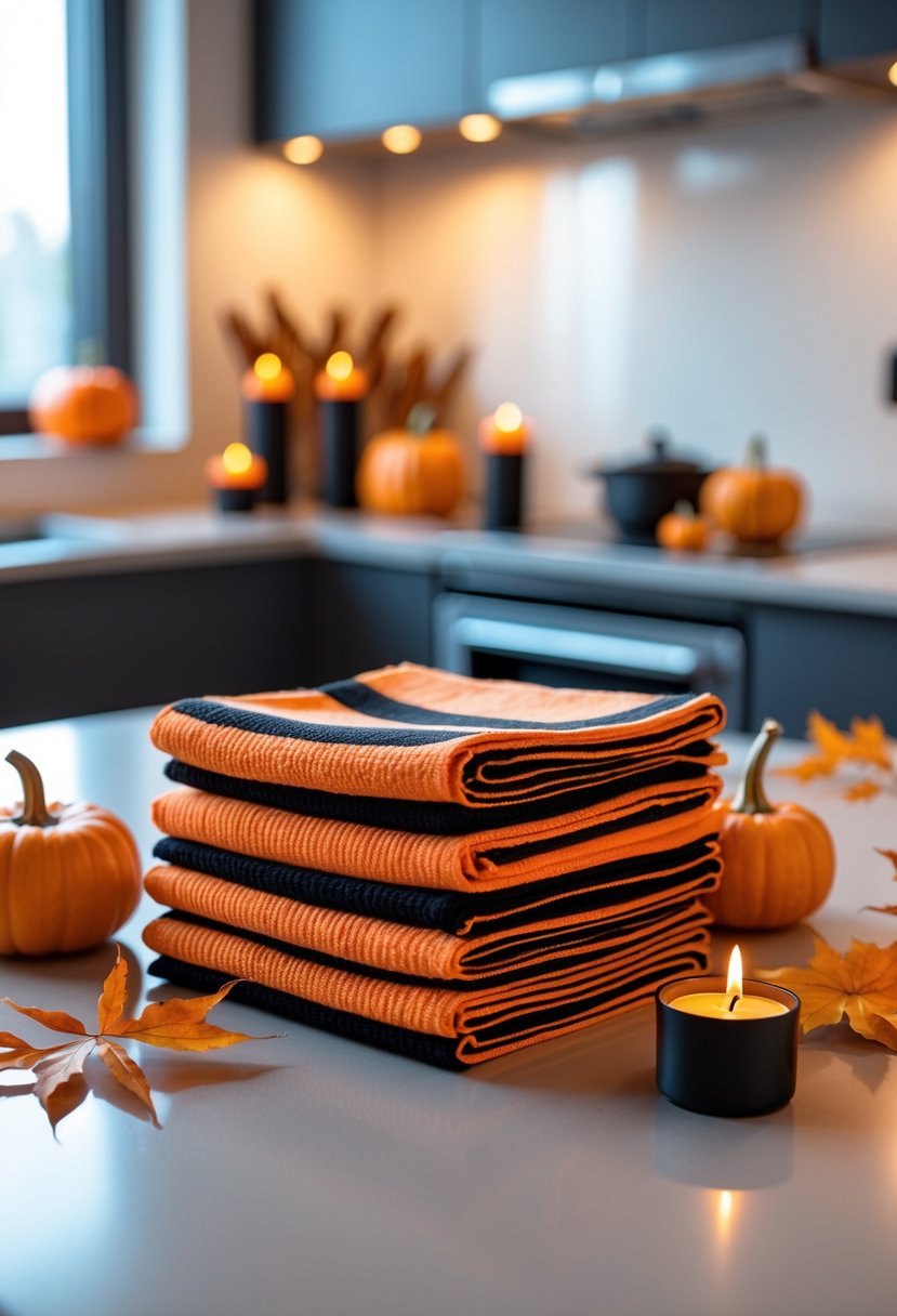 32 Halloween Kitchen Decor Ideas 2025: Creative Ways to Transform Your Cooking Space 34 Stack of orange and black striped dishcloths on a kitchen countertop surrounded by small pumpkins and autumn decorations.