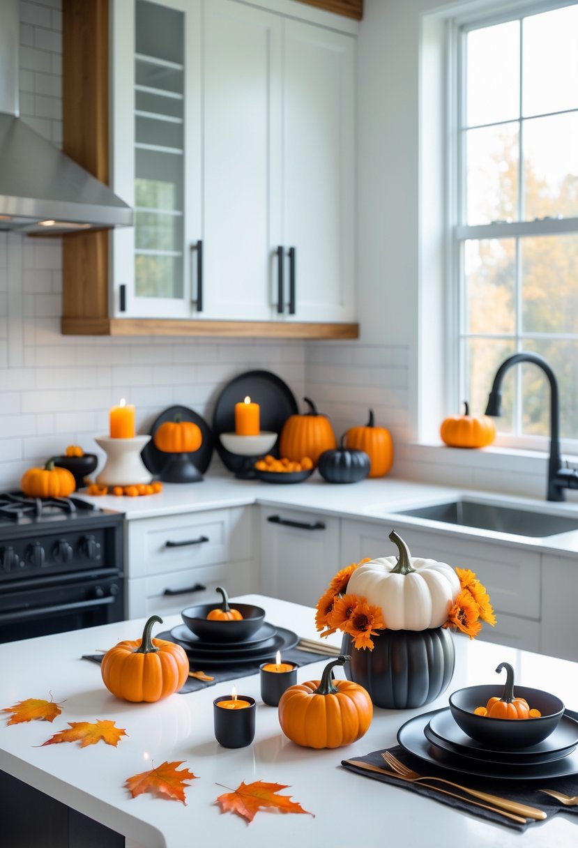 32 Halloween Kitchen Decor Ideas 2025: Creative Ways to Transform Your Cooking Space 35 A modern kitchen decorated for Halloween with pumpkins, candles, autumn leaves, and orange and black accents on white cabinets.