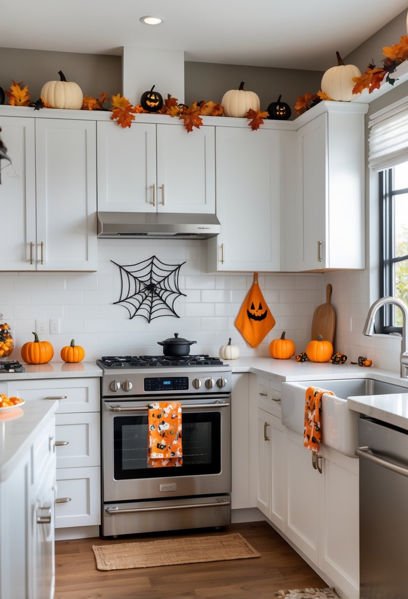 32 Halloween Kitchen Decor Ideas 2025: Creative Ways to Transform Your Cooking Space 36 A modern kitchen decorated with Halloween pumpkins, LED candles, and safe decorations placed away from the stove and sink.