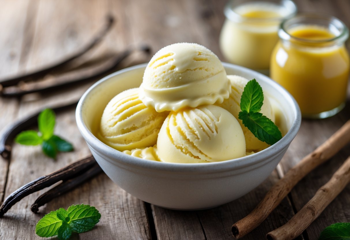 Bowl of creamy pale yellow French custard ice cream on a wooden table with vanilla beans, custard sauce, and mint garnish.