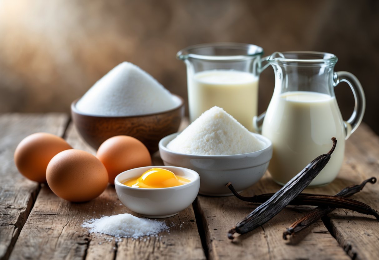 A wooden table with fresh eggs, sugar, cream, a vanilla bean pod, and milk arranged as ingredients for French custard ice cream.