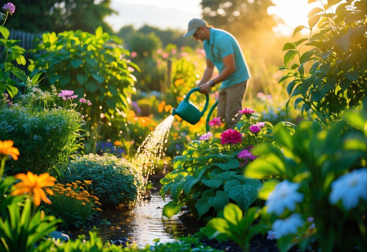 A gardener watering a vibrant garden in the early morning with sunlight and dew on the plants.