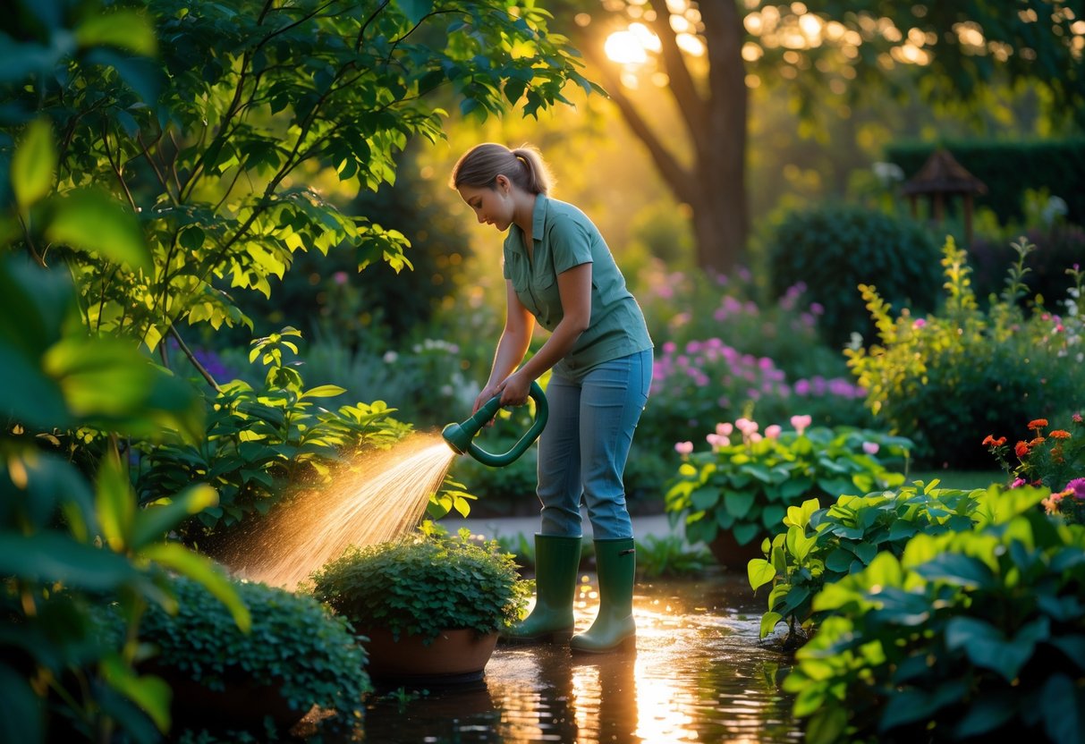 A person watering plants in a garden during the evening with warm sunlight and lush greenery.