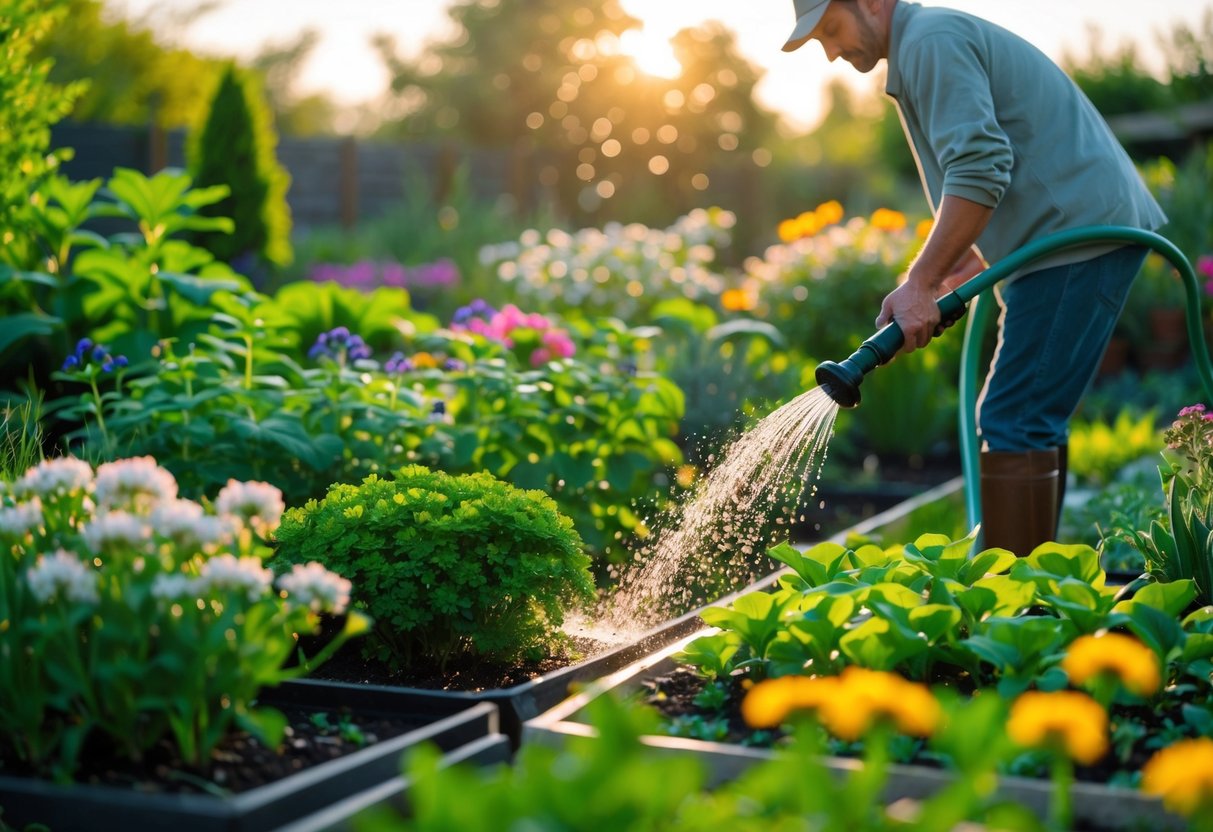 A gardener watering a lush garden with a hose during early morning sunlight.
