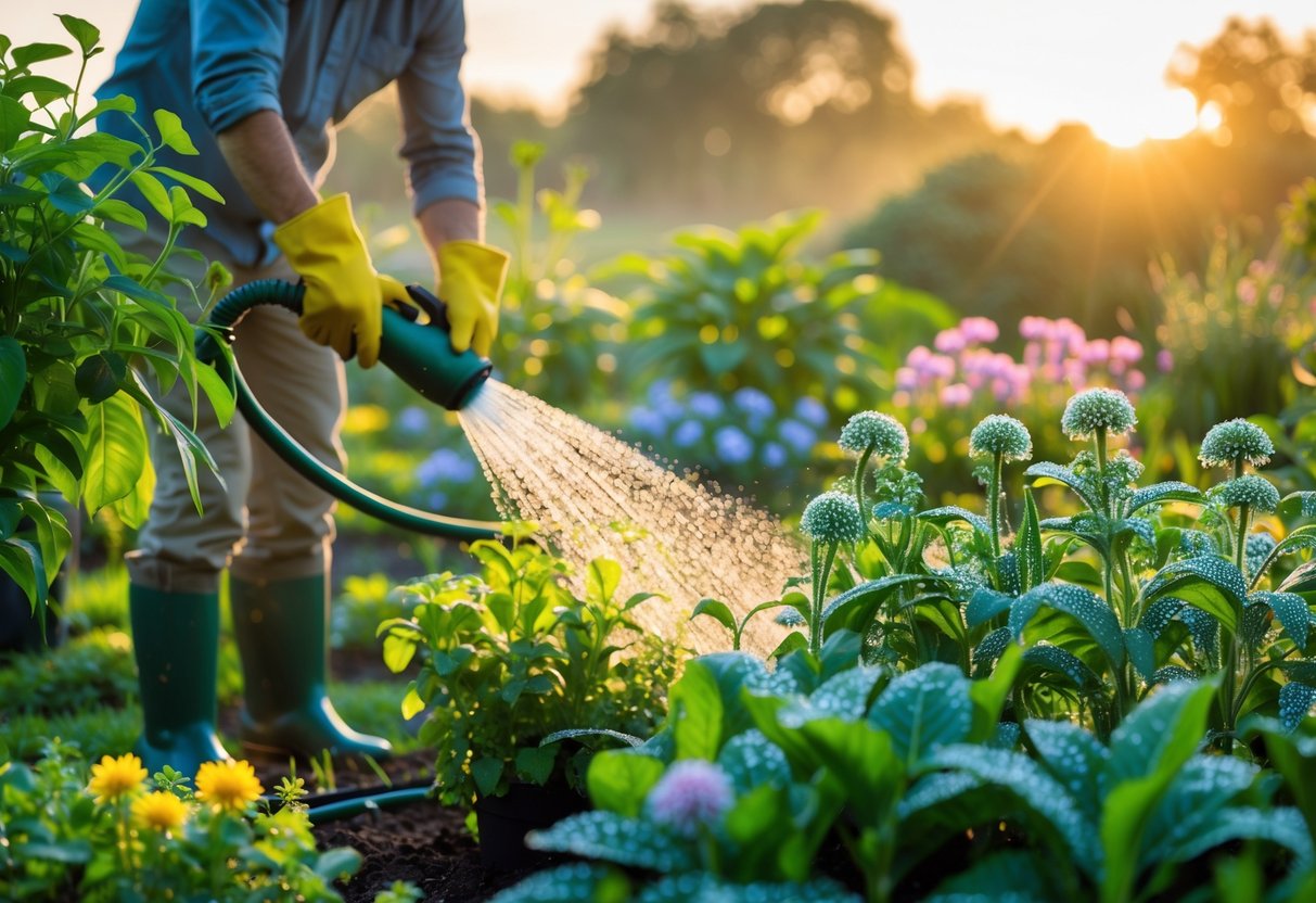 A gardener watering a lush garden in the early morning light with dew on the plants and a clear sky at sunrise.