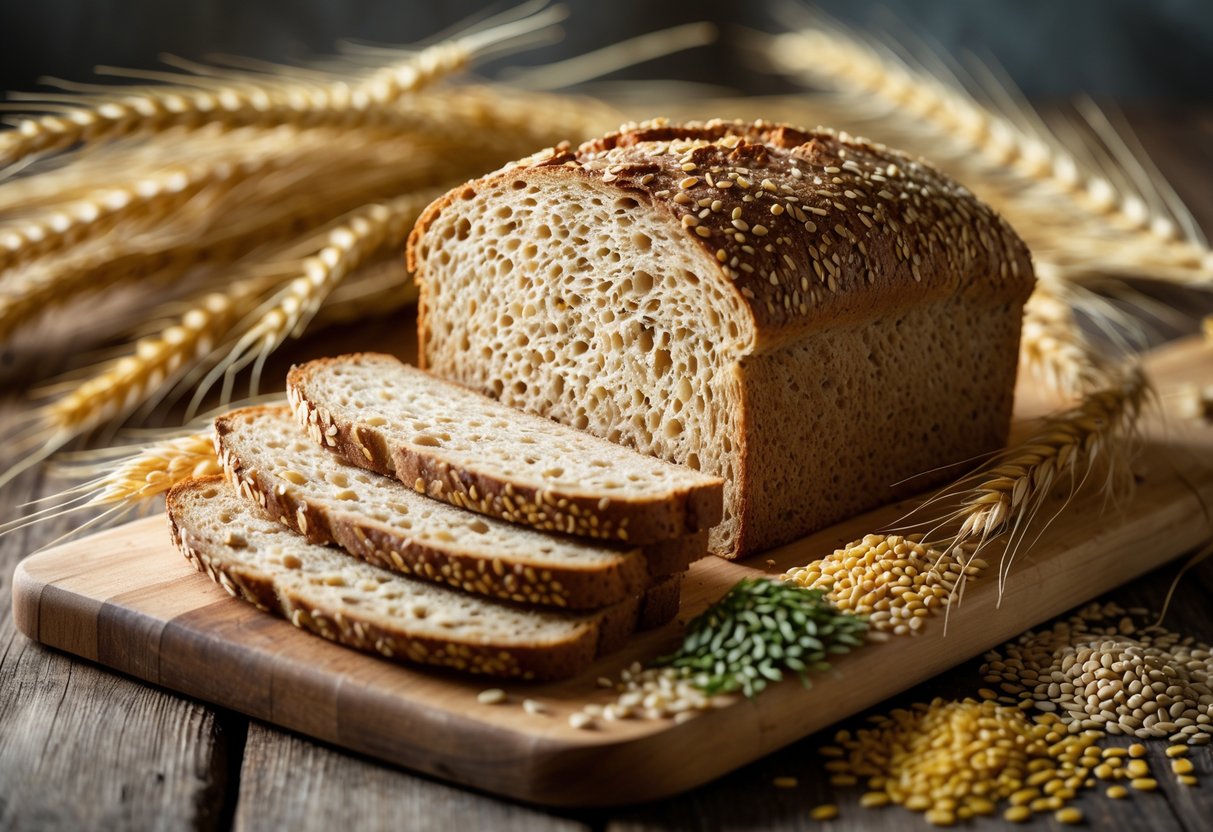 Slices of dense Ezekiel bread on a wooden cutting board surrounded by grains and sprouted seeds on a rustic table.