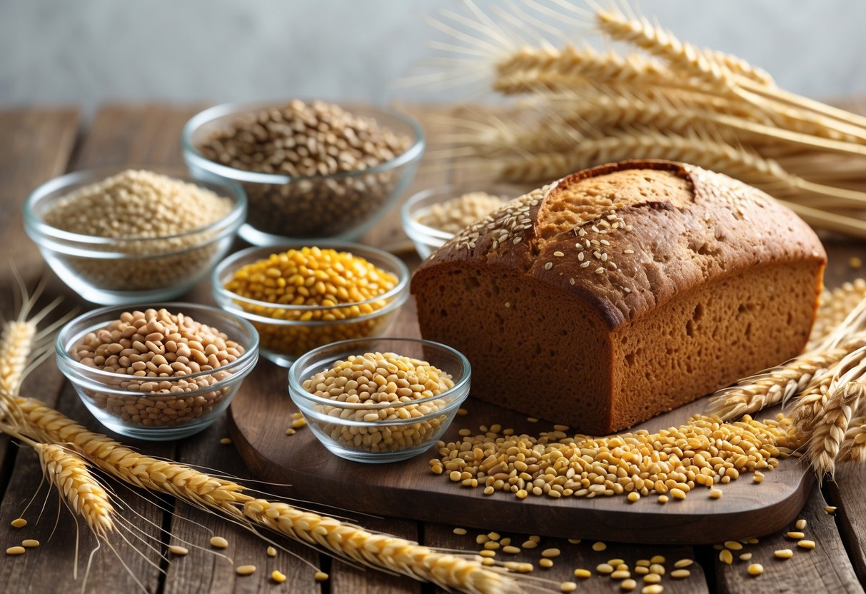 A loaf of Ezekiel bread surrounded by bowls of various whole grains and legumes on a wooden table.