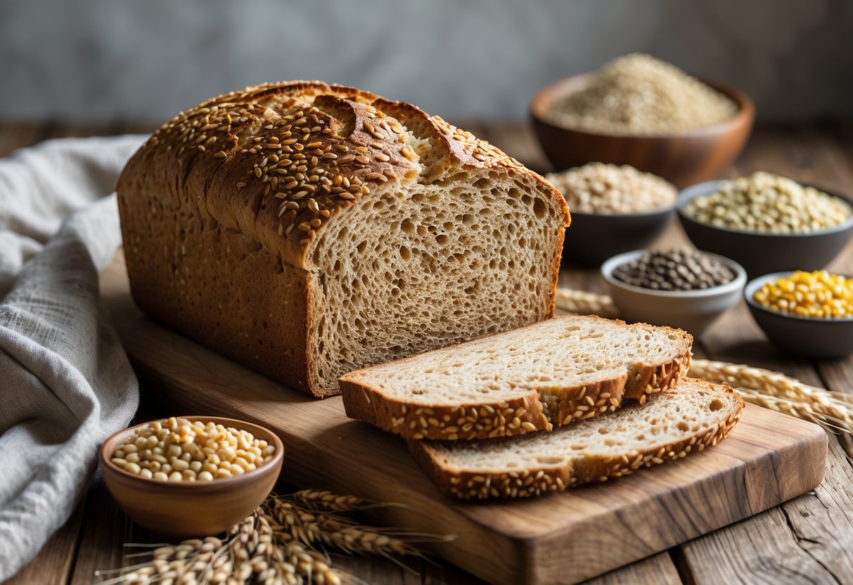 A loaf of Ezekiel bread sliced on a wooden table surrounded by bowls of grains and legumes used to make the bread.