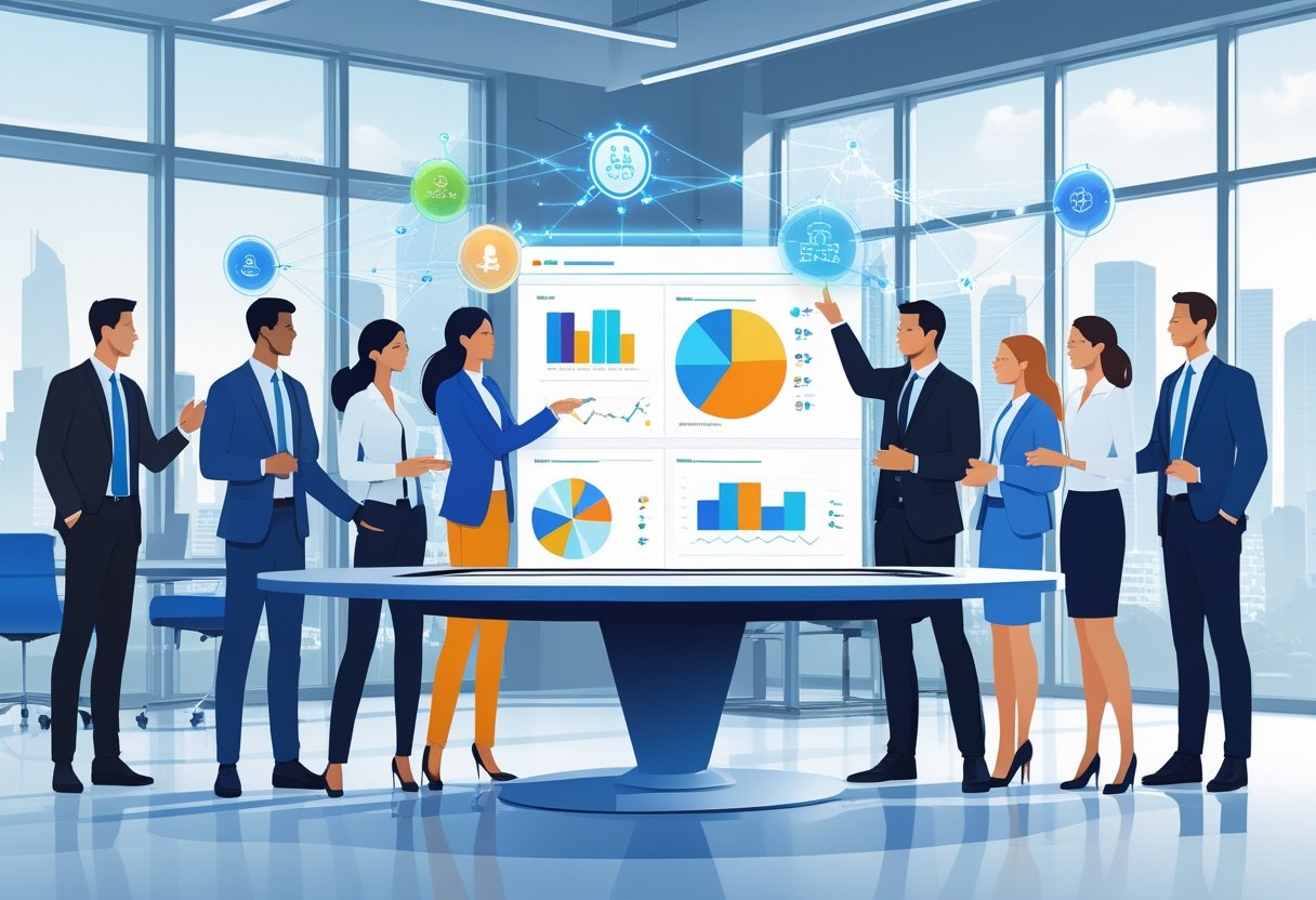 A group of professionals collaborating around a digital touchscreen table with data visuals and holographic interfaces in a modern office.