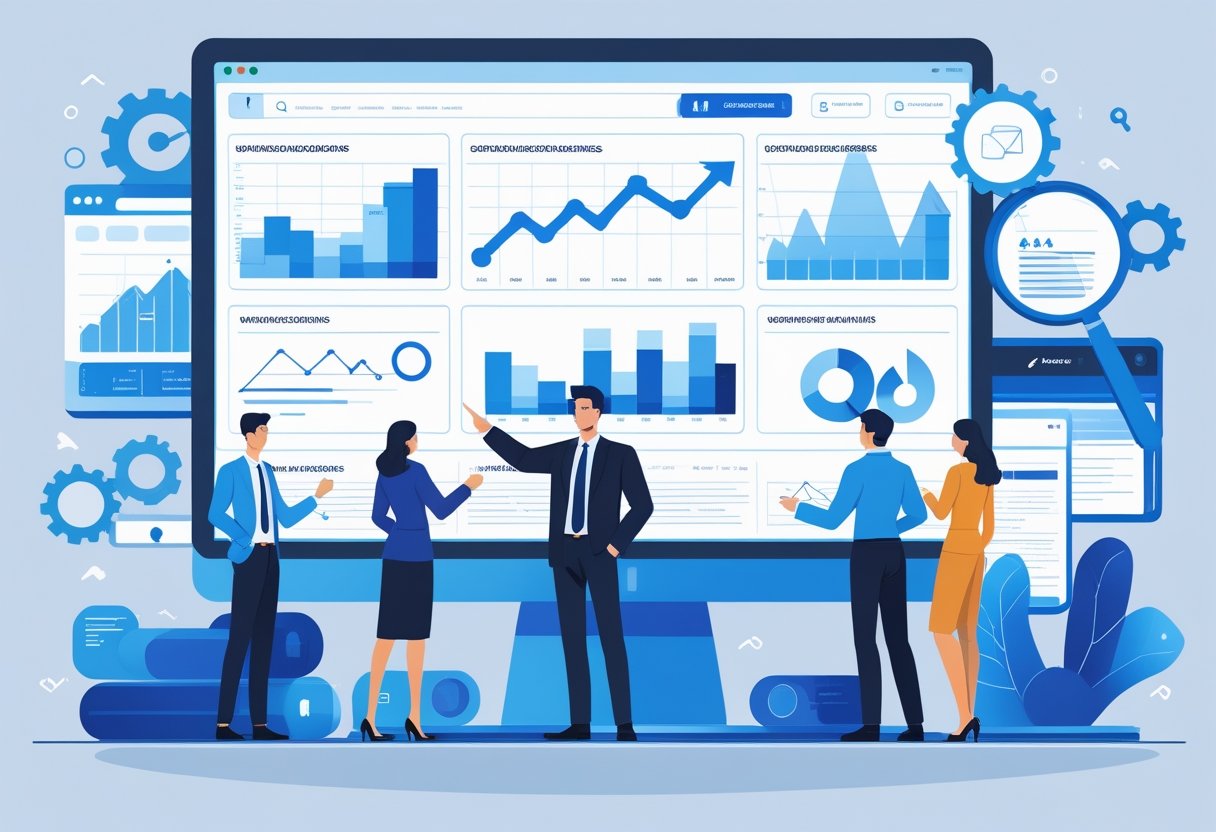 A team of professionals working together in an office around a large digital screen showing charts and search engine rankings with upward trends.