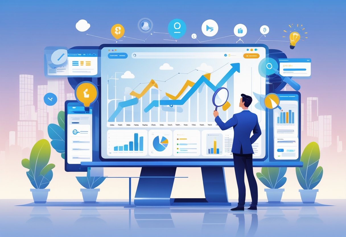 A business person analyzing digital graphs and SEO icons on a transparent screen with a city skyline in the background symbolizing business growth.