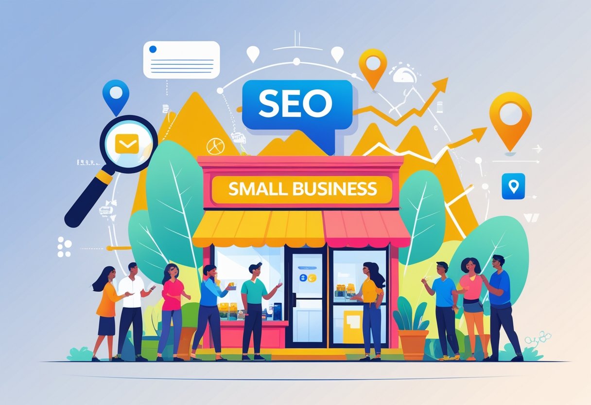 A small business storefront in a lively neighborhood with customers nearby and digital icons representing local search and growth around it.