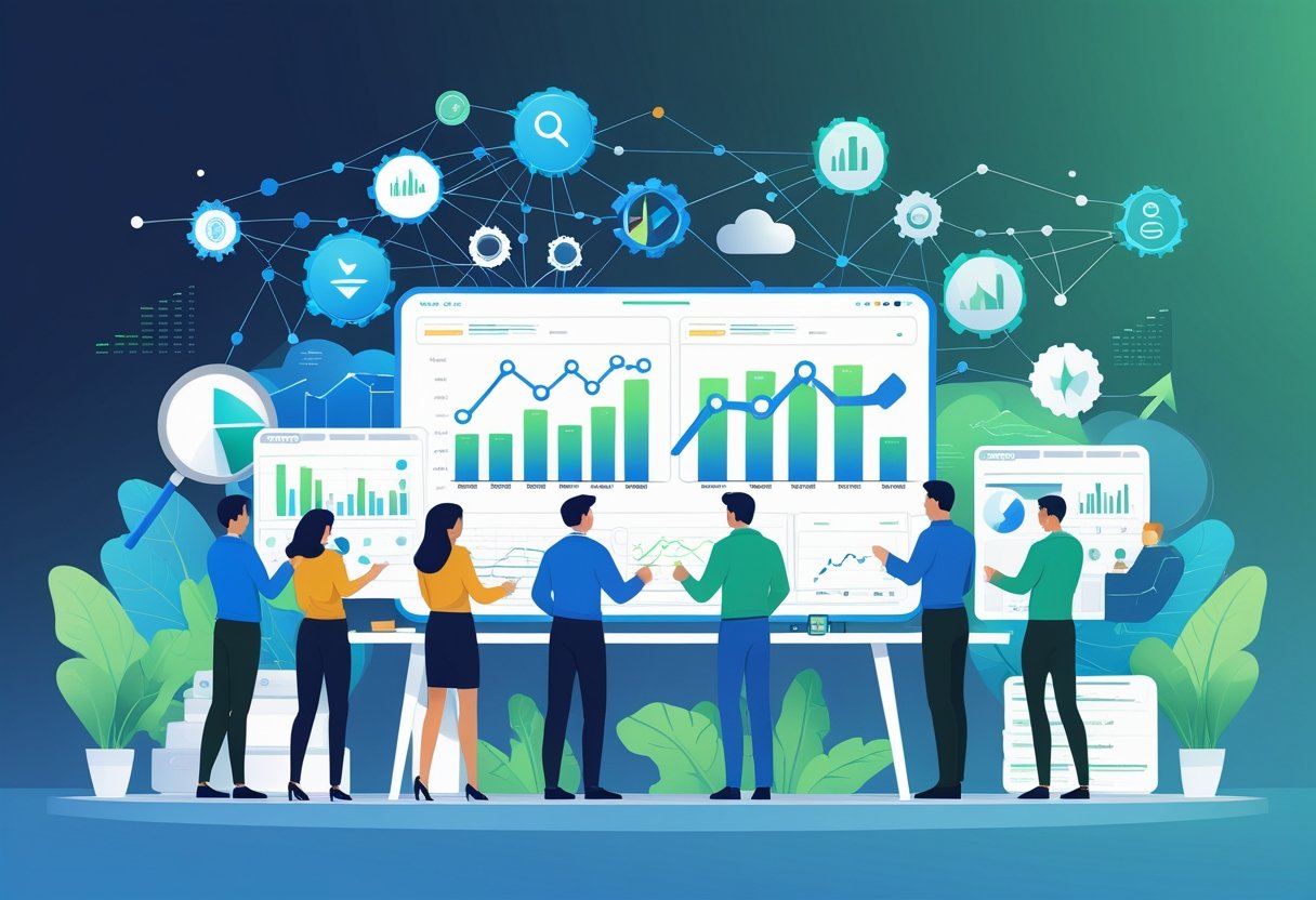 A team of professionals working together around a digital table displaying charts and data related to SEO optimization with futuristic holographic interfaces in the background.