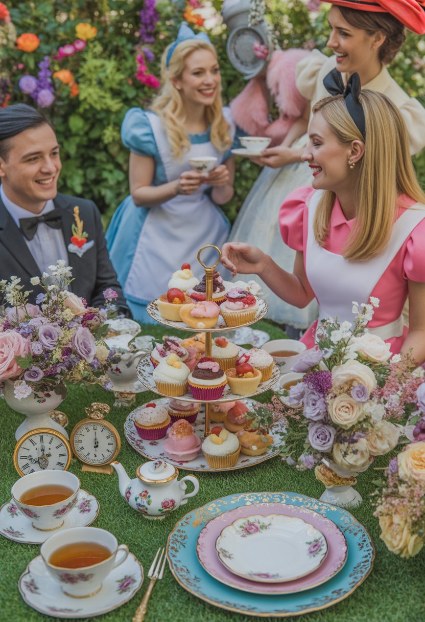 A garden tea party with guests dressed in Alice in Wonderland costumes, surrounded by a table set with teacups, pastries, flowers, and themed decorations.