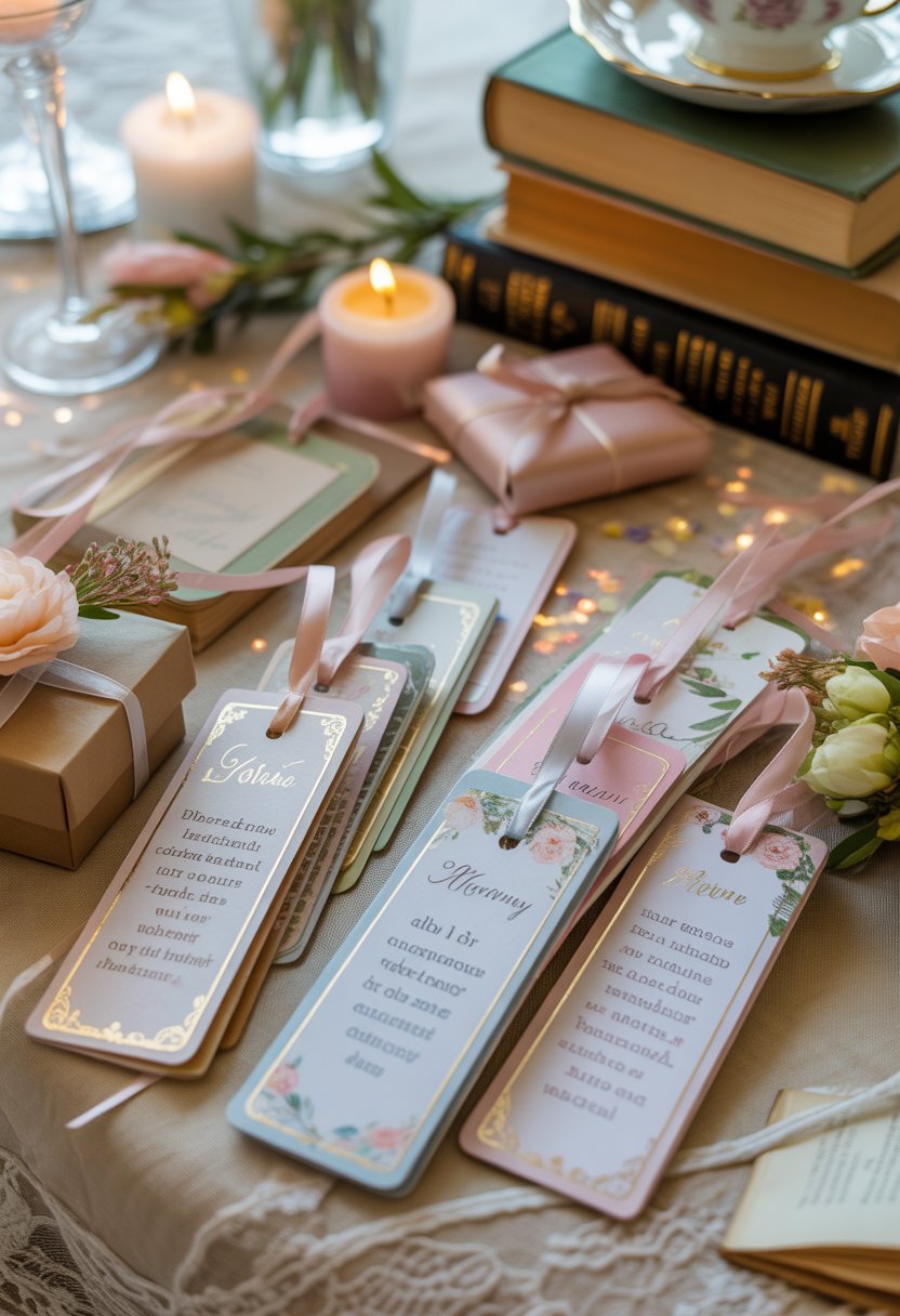 A table set with personalized bookmarks as bridal shower favors, surrounded by floral decorations, gift boxes, and vintage books.