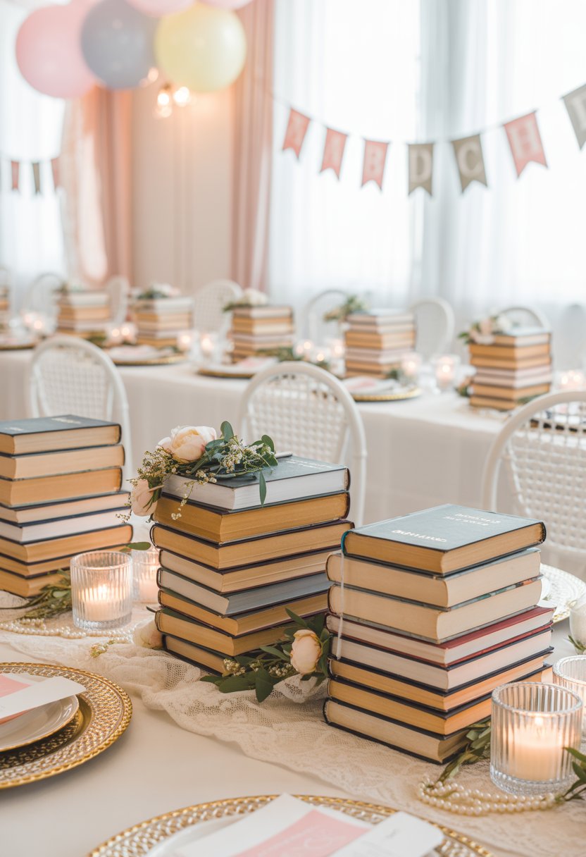 A bridal shower table decorated with stacks of books as centerpieces, adorned with flowers and candles.