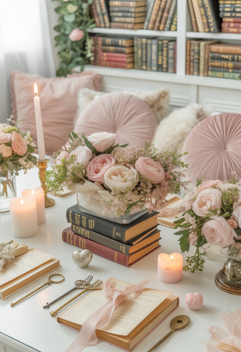A bridal shower setup with floral decorations, stacked romance books, elegant invitations, and cozy seating in a softly lit room.