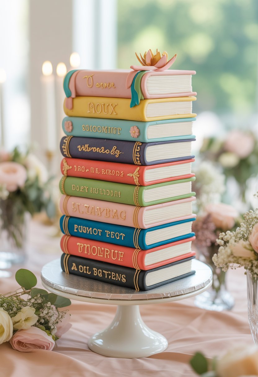 A multi-layered cake designed to look like a stack of colorful books, decorated with flowers and ribbons, displayed on a table with floral decorations.