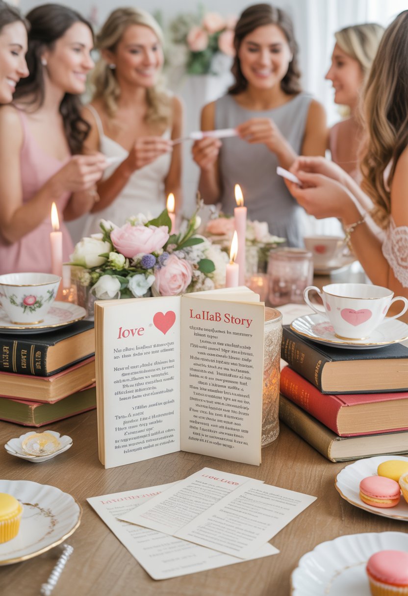 A bridal shower party table decorated with vintage books, floral arrangements, game cards, and refreshments, with guests enjoying the celebration in the background.