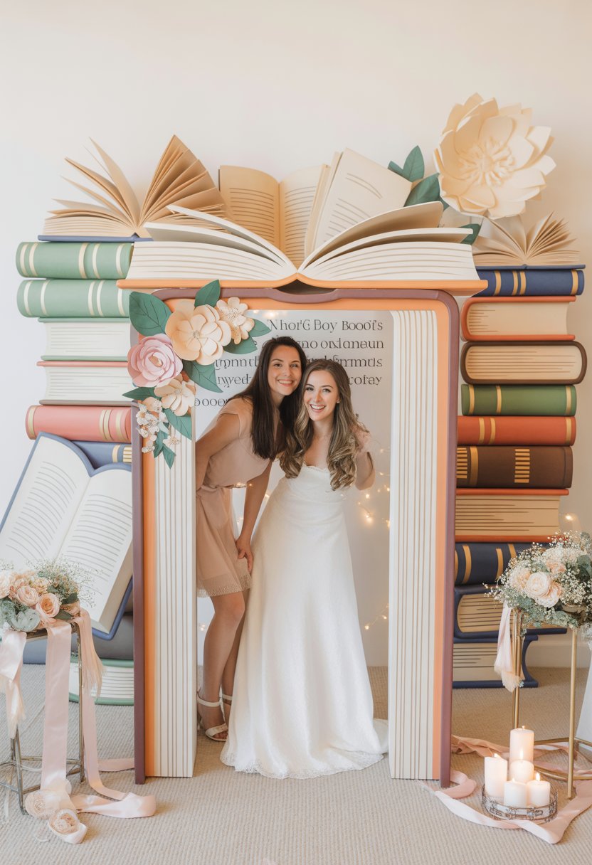 A bridal shower photo booth decorated with large book props, flowers, and pastel colors, creating a festive and inviting scene.