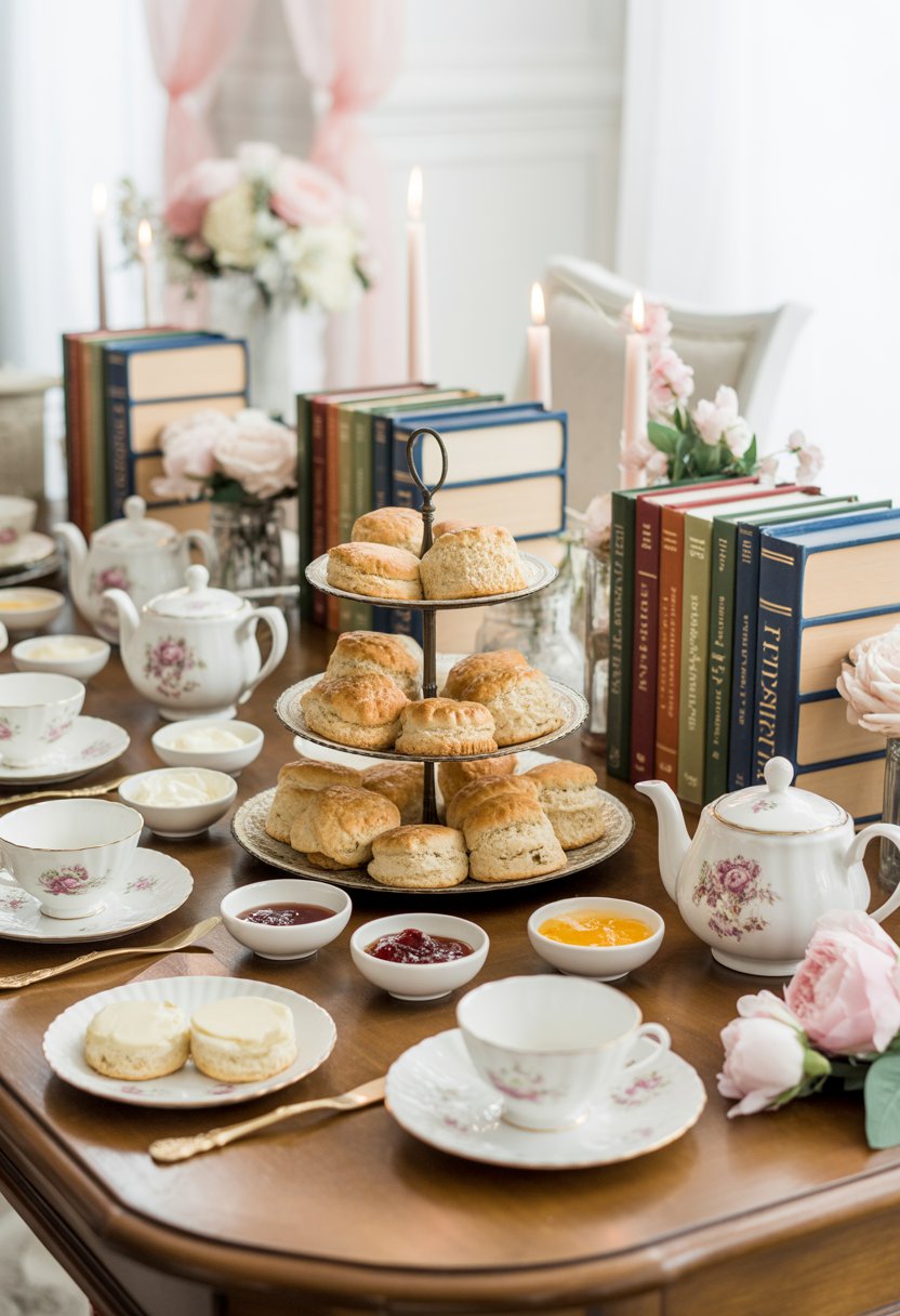 A table set with scones, teacups, teapots, and books arranged for a bridal shower party.