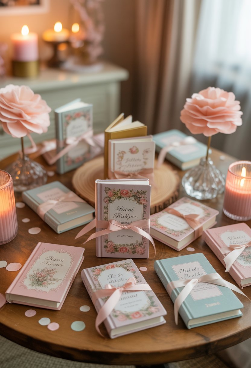 A table with book-themed bridal shower guest gifts, decorated with ribbons and surrounded by pastel decorations in a cozy room.