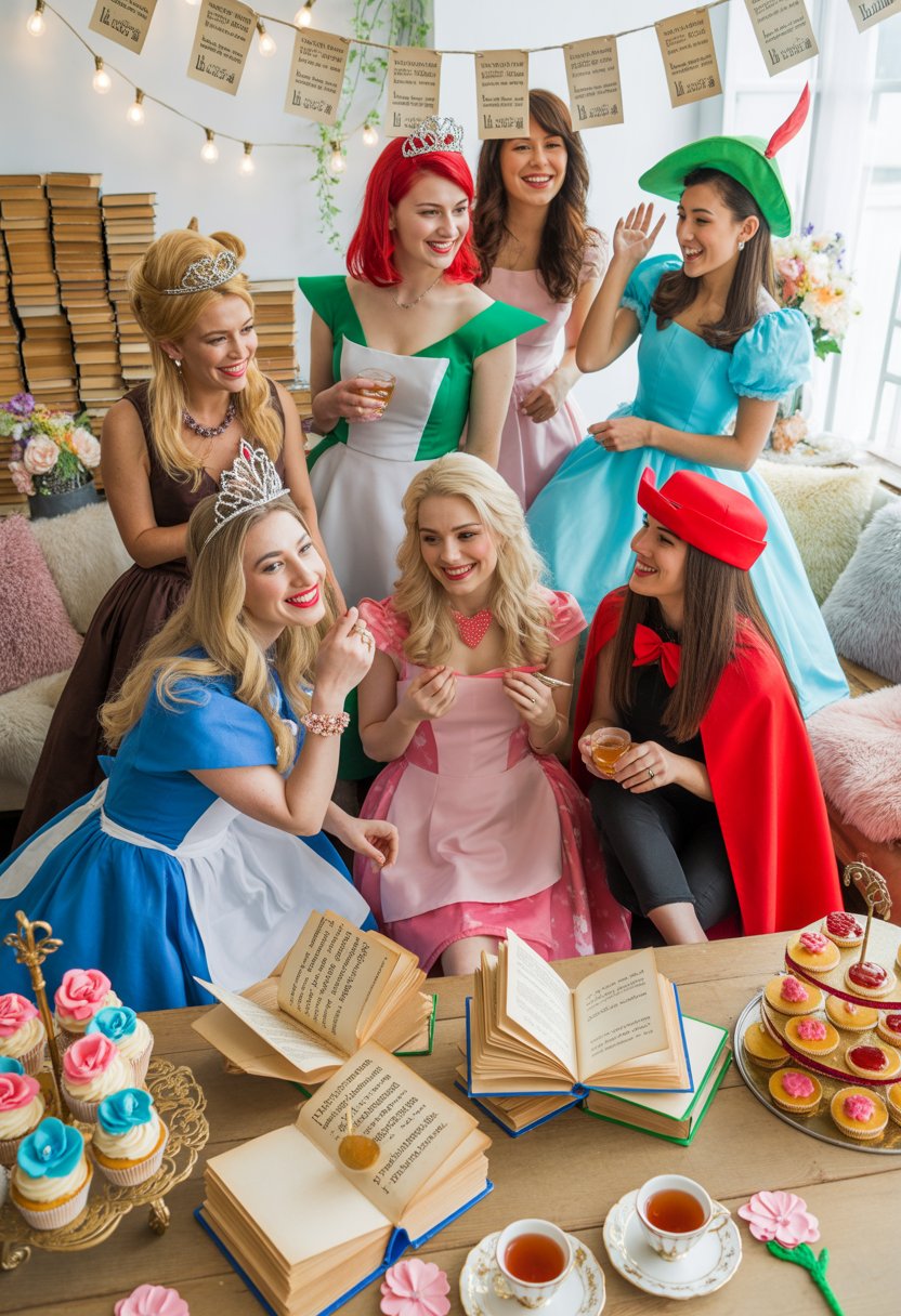 A group of women dressed in storybook character costumes at a bridal shower party with book-themed decorations and a dessert table.