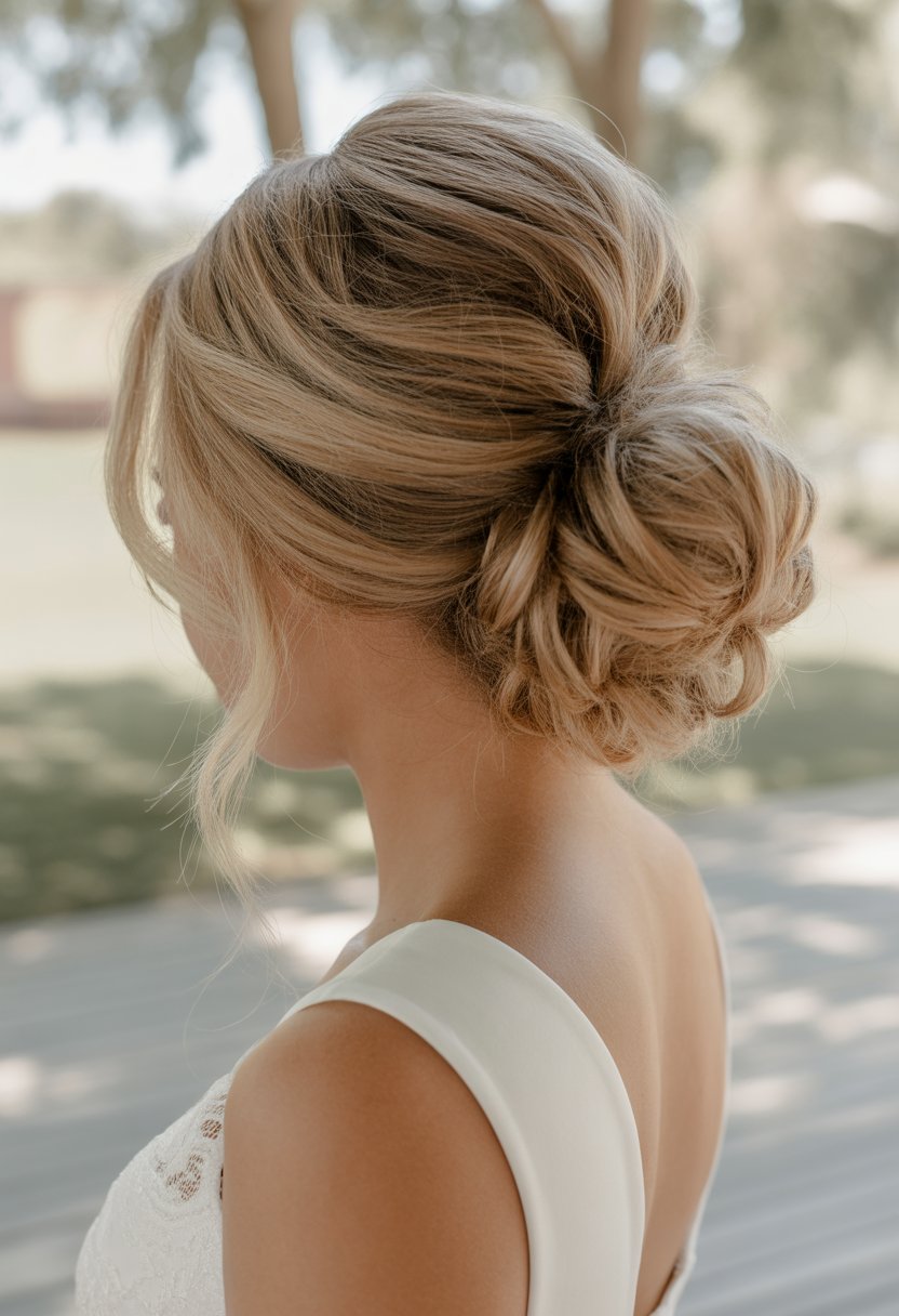 Close-up of a bride with a loose tendril messy bun hairstyle wearing a white wedding dress.