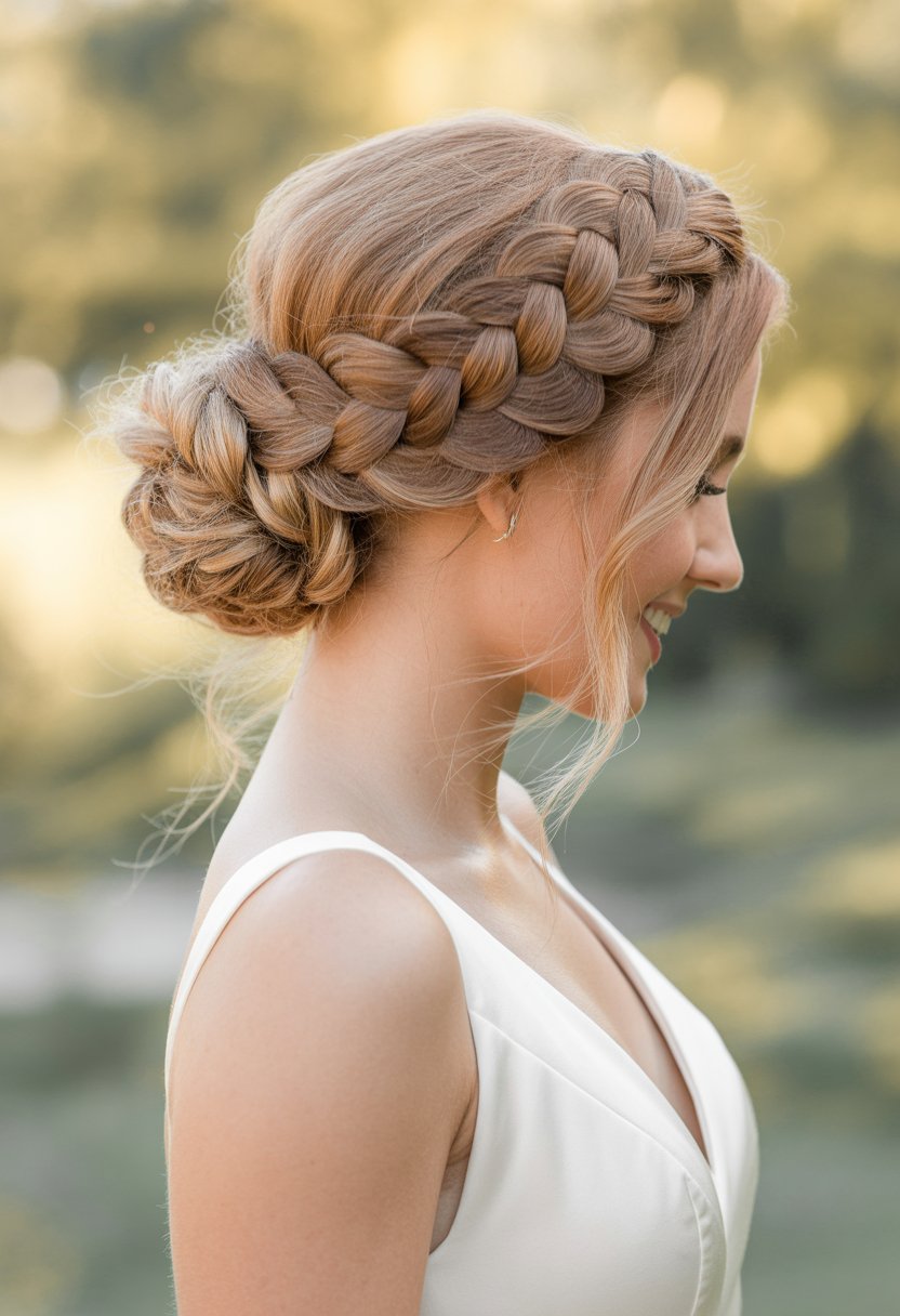 A woman wearing a white dress with her hair styled in a braided updo, standing outdoors in soft natural light.